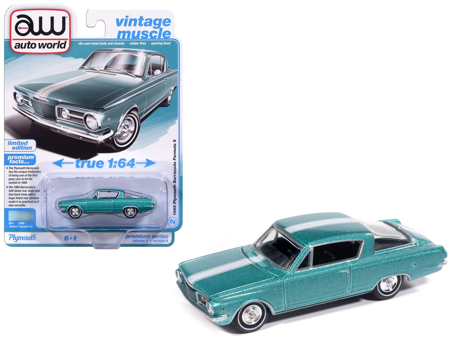 1965 Plymouth Barracuda Formula S Turquoise Metallic with White Stripe "Vintage Muscle" Series 1/64 Diecast Model Car by Auto World free shipping USA