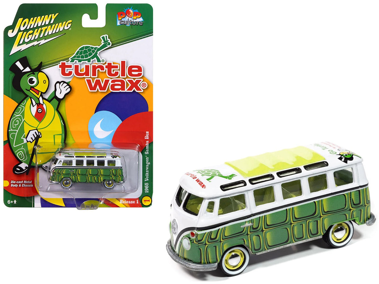 1965 Volkswagen Samba Bus "Turtle Wax" White and Green with Graphics "Pop Culture" 2025 Release 1 1/64 Diecast Model Car by Johnny Lightning free shipping USA