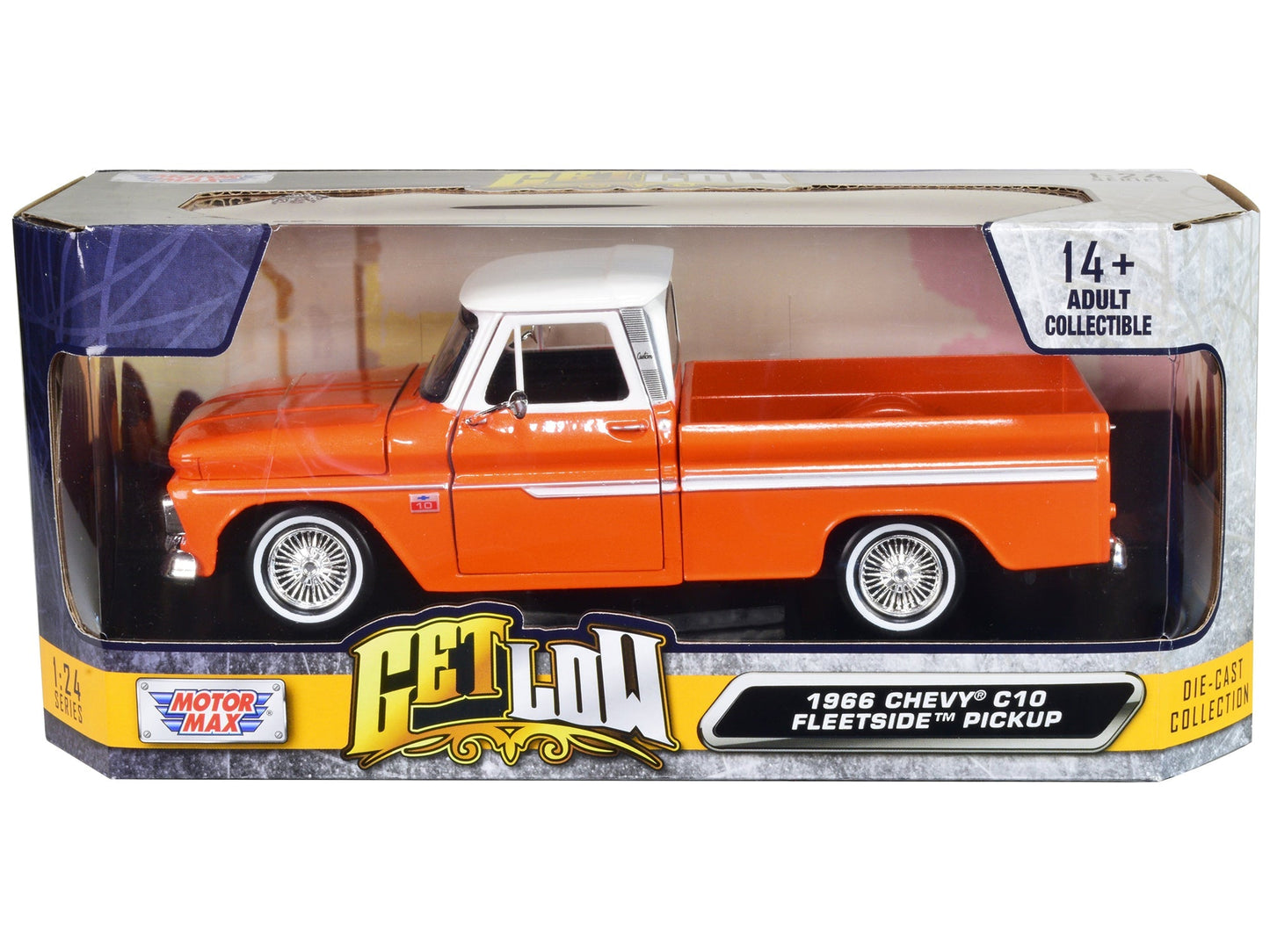 1966 Chevrolet C10 Fleetside Pickup Truck Lowrider Orange Metallic with White Top "Get Low" Series 1/24 Diecast Model Car by Motormax free shipping USA