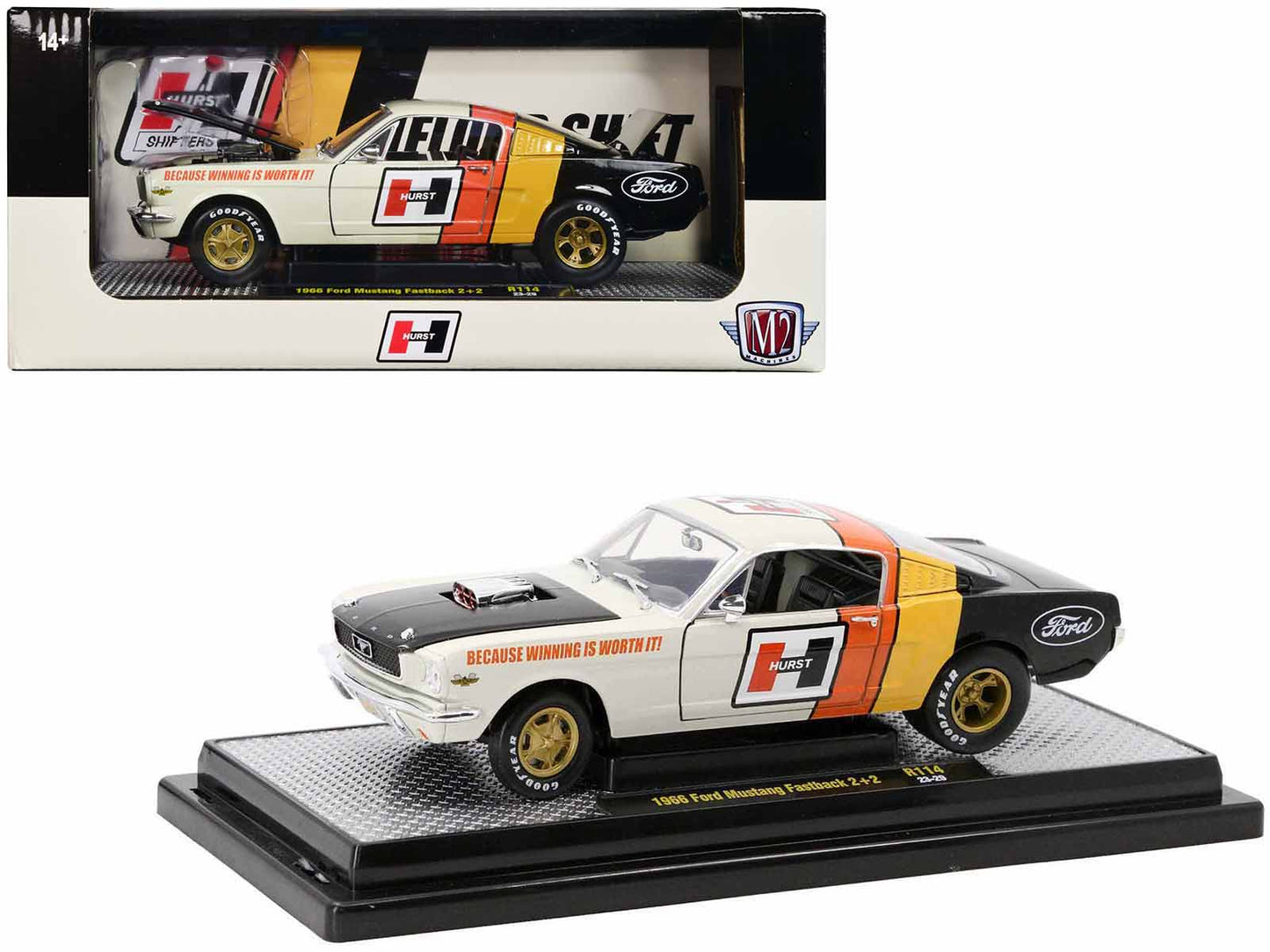 1966 Ford Mustang Fastback 2+2 Off White and Black with Red and Yellow Stripes "Hurst Shifters" Limited Edition to 6000 pieces Worldwide 1/24 Diecast Model Car by M2 Machines free shipping USA