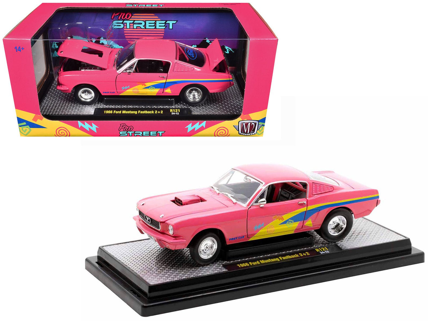 1966 Ford Mustang Fastback 2+2 Pink with Blue and Yellow Stripes "Pro Street" Limited Edition to 6250 pieces Worldwide 1/24 Diecast Model Car by M2 Machines free shipping USA