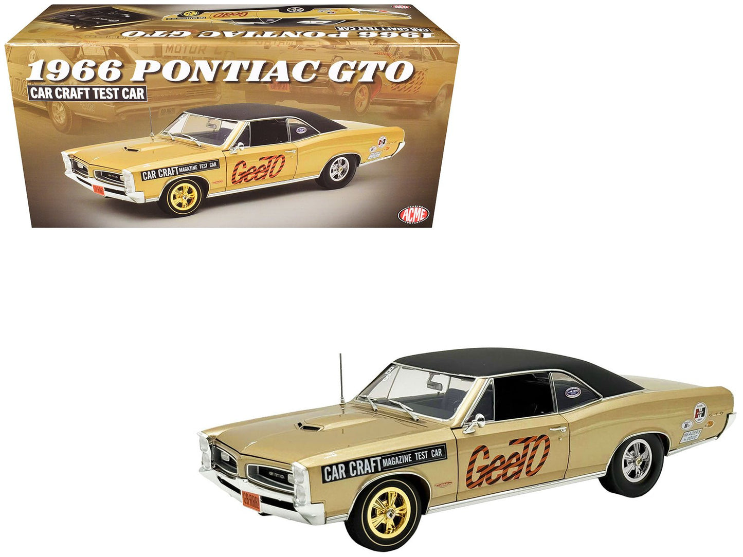 1966 Pontiac GTO "Car Craft Magazine Test Car" Gold Metallic with Black Top and Graphics Limited Edition to 300 pieces Worldwide 1/18 Diecast Model Car by ACME free shipping USA