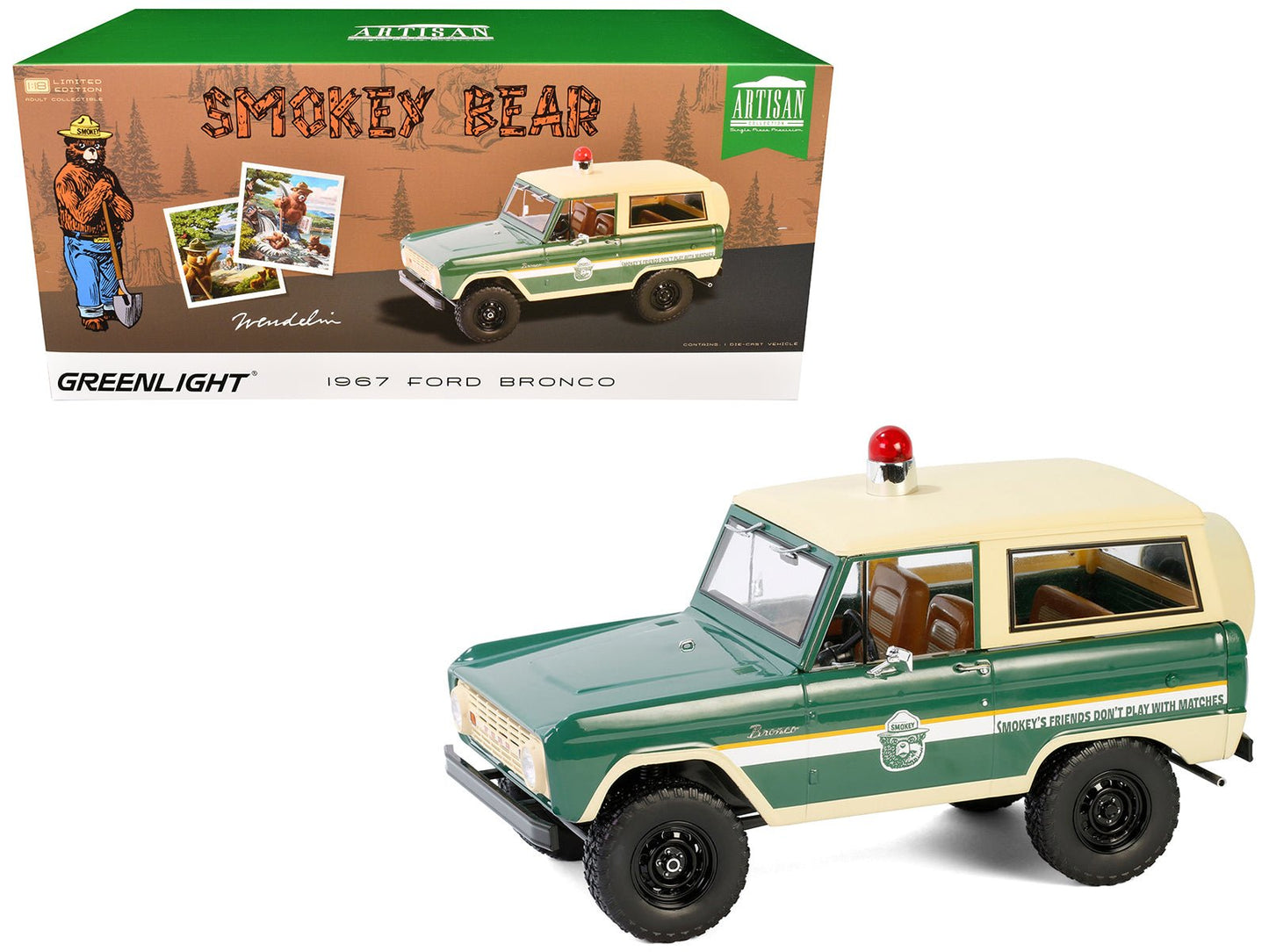 1967 Ford Bronco "Smokey Bear Forest Ranger" Green and Cream with White Stripes "Artisan Collection" 1/18 Diecast Model Car by Greenlight free shipping USA