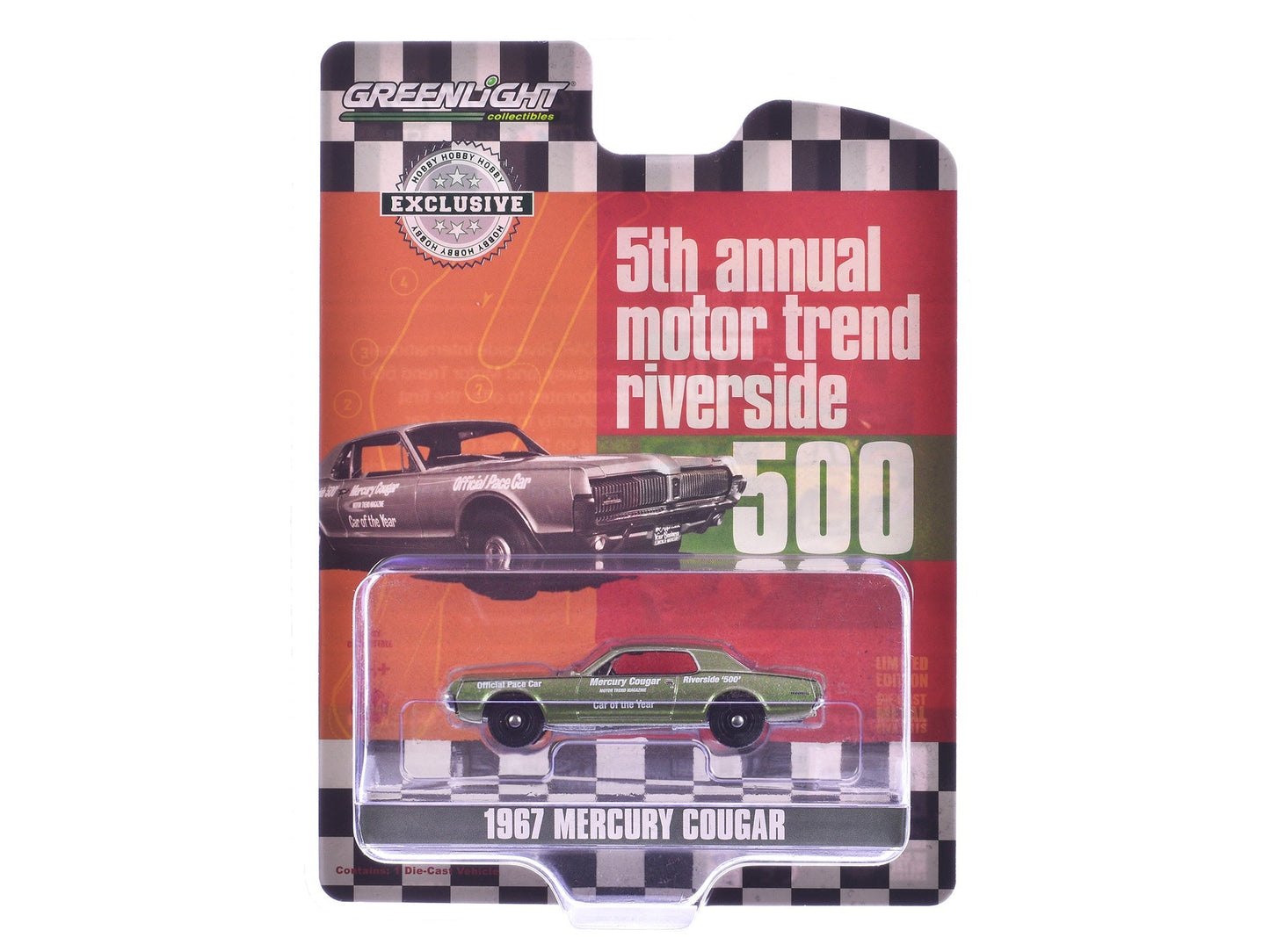 1967 Mercury Cougar "Riverside 500 Official Pace Car - Motor Trend Magazine Car of the Year" Green Metallic "Hobby Exclusive" Series 1/64 Diecast Model Car by Greenlight free shipping USA