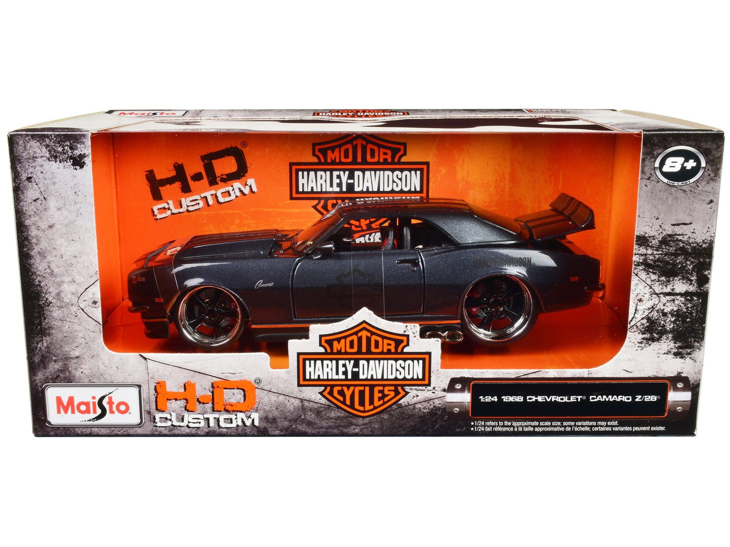 1968 Chevrolet Camaro Z/28 Dark Gray Metallic with Black and Orange Stripes "Harley Davidson" "H-D Custom" 1/24 Diecast Model Car by Maisto free shipping USA