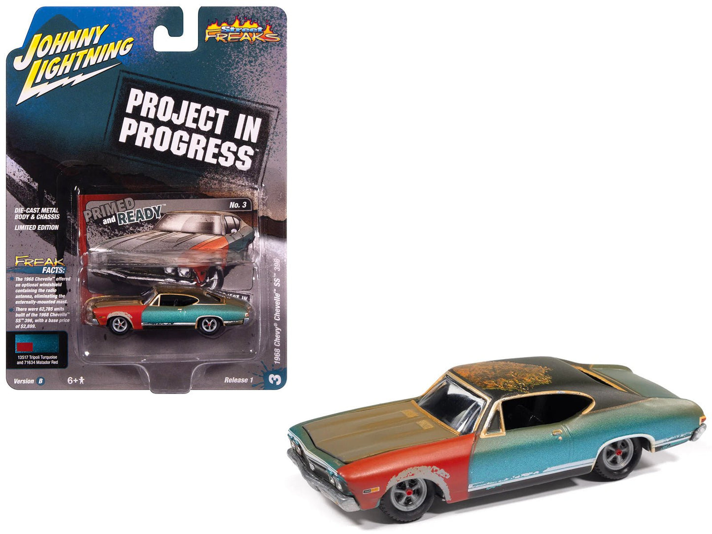 1968 Chevrolet Chevelle SS 396 Tripoli Turquoise (Weathered) "Project in Progress" Series 1/64 Diecast Model Car by Johnny Lightning free shipping USA