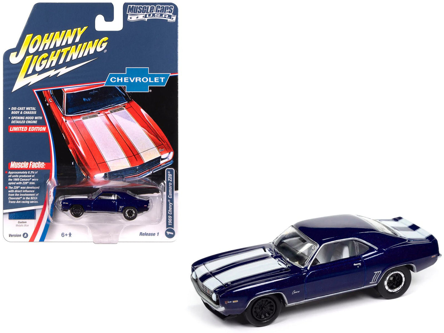 1969 Chevrolet Camaro Z28 Blue Metallic with White Stripes and Interior "Muscle Cars USA" Series 1/64 Diecast Model Car by Johnny Lightning free shipping USA