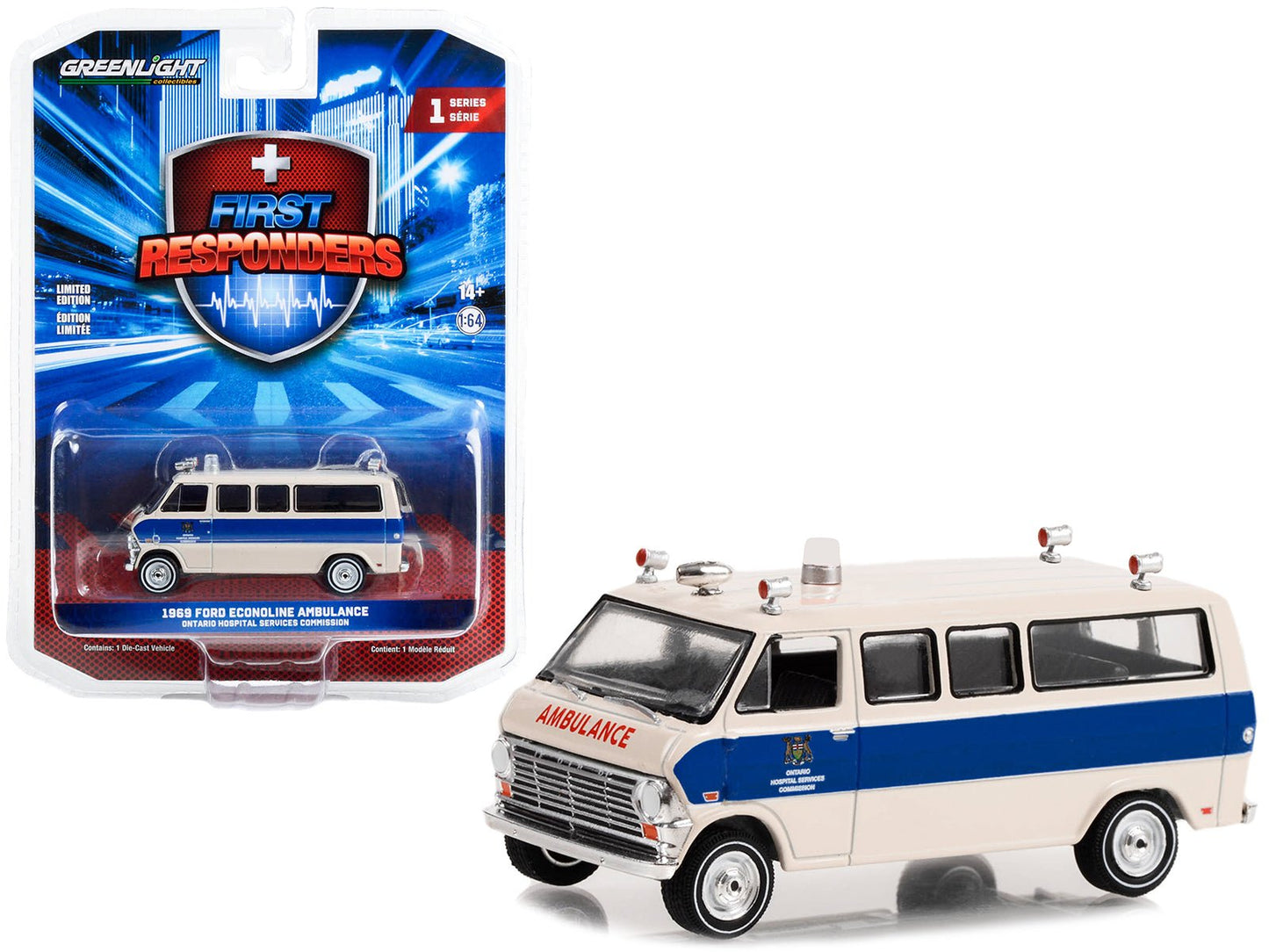 1969 Ford Econoline Ambulance Beige with Blue Stripes "Ontario Hospital Services Commission Ontario Canada" "First Responders" Series 1 1/64 Diecast Model Car by Greenlight free shipping USA