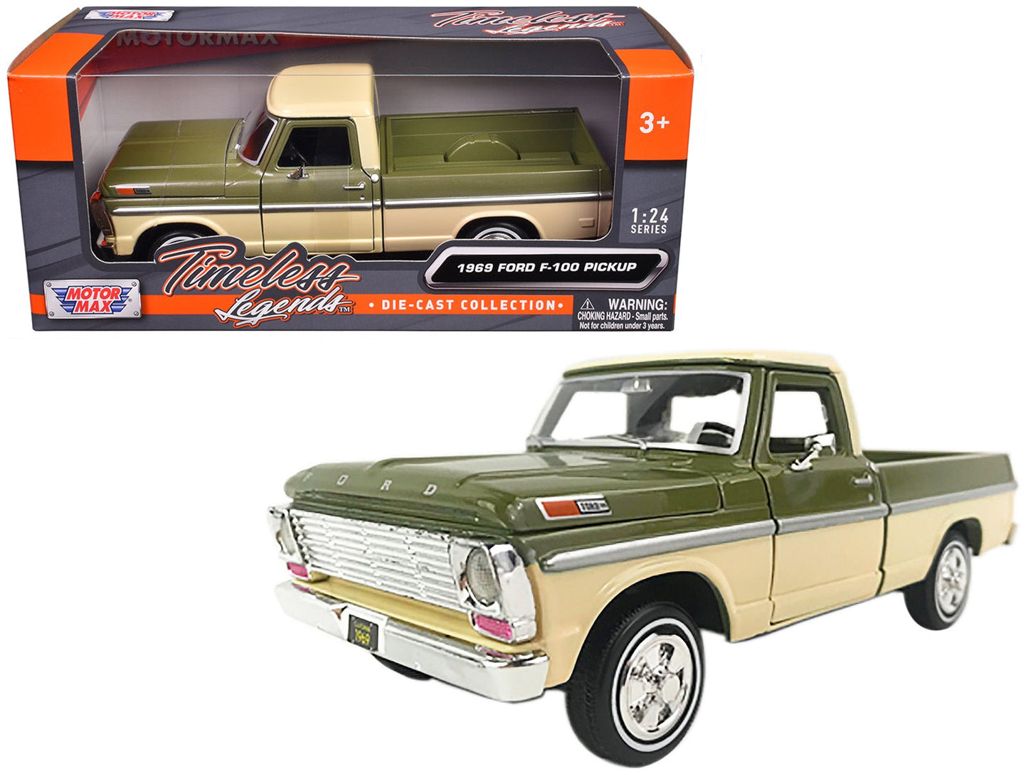 1969 Ford F-100 Pickup Truck Light Green and Cream 1/24 Diecast Model Car by Motormax free shipping USA
