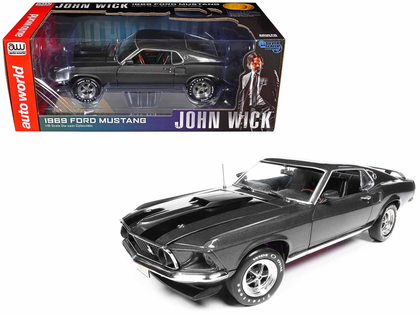 1969 Ford Mustang Dark Gray Metallic with Black Stripes "John Wick" (2014) Movie "Silver Screen Machines" Series 1/18 Diecast Model Car by Auto World free shipping USA