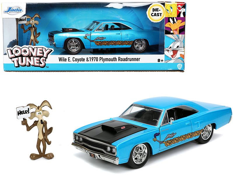 1970 Plymouth 440-6BBL RoadRunner Light Blue Metallic with Black Hood and Wile E. Coyote Diecast Figurine "Looney Tunes" 1/24 Diecast Model Car by Jada free shipping USA