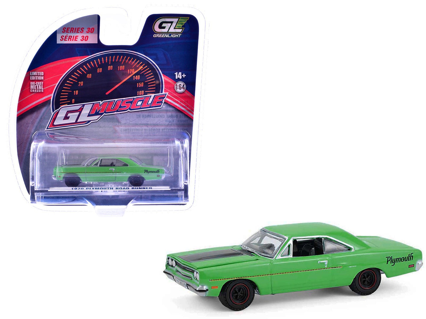 1970 Plymouth Road Runner Green with Black Hood Stripe "GreenLight Muscle" Series 30 1/64 Diecast Model Car by Greenlight free shipping USA