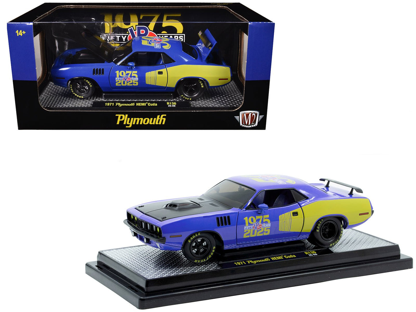1971 Plymouth Hemi Cuda "VP Racing 50 Years" Blue with Yellow Sides Limited Edition to 8650 pieces Worldwide 1/24 Diecast Model Car by M2 Machines free shipping USA