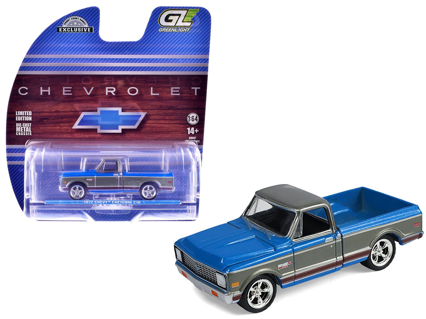 1972 Chevrolet Cheyenne C10 Short Bed Pickup Truck Electric Blue and Gunmetal Gray Metallic "Hobby Exclusive" Series 1/64 Diecast Model Car by Greenlight free shipping USA