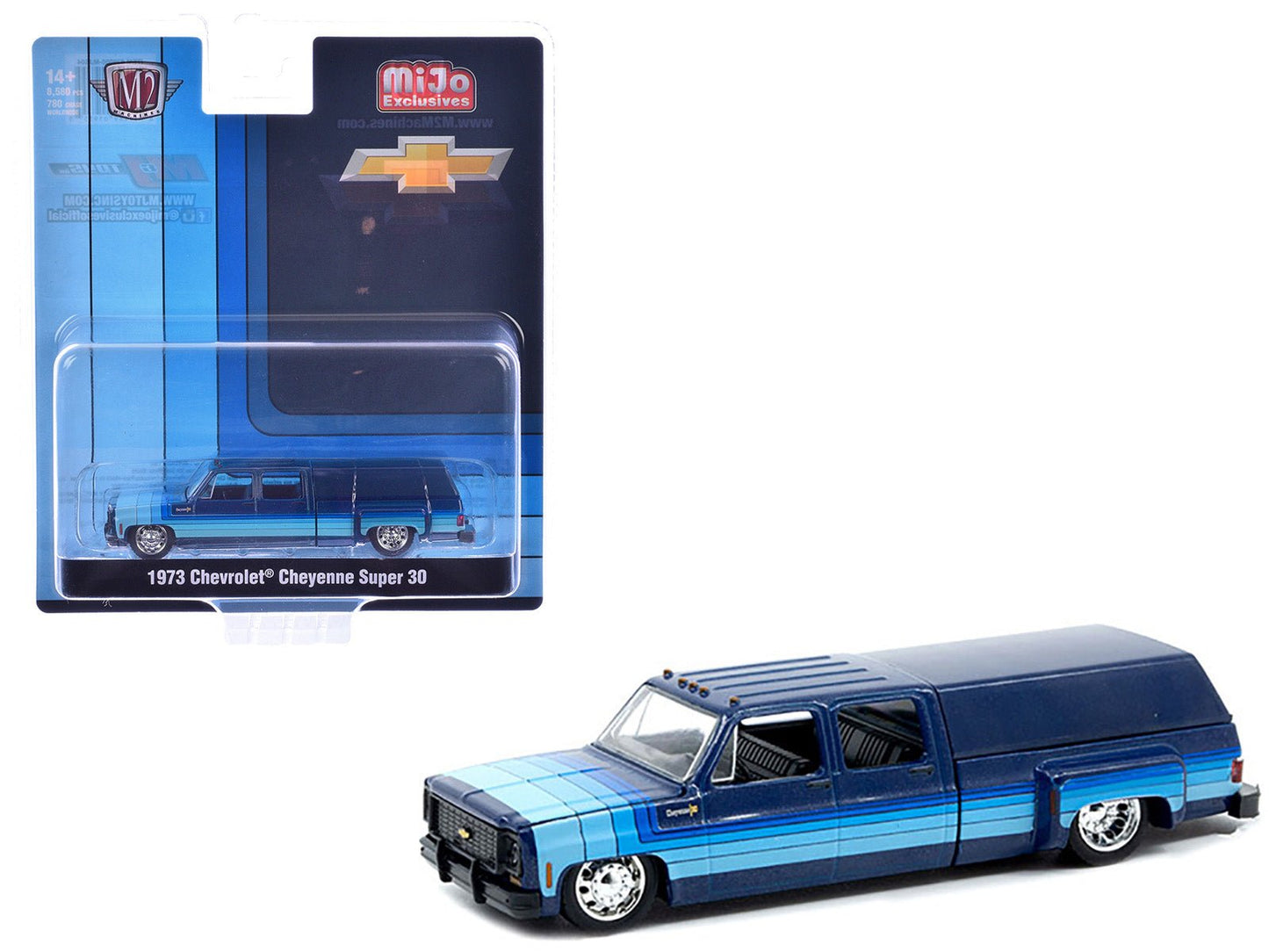1973 Chevrolet Cheyenne Super 30 Pickup Truck with Camper Shell Blue with Stripes Limited Edition to 8500 pieces Worldwide 1/64 Diecast Model Car by M2 Machines free shipping USA