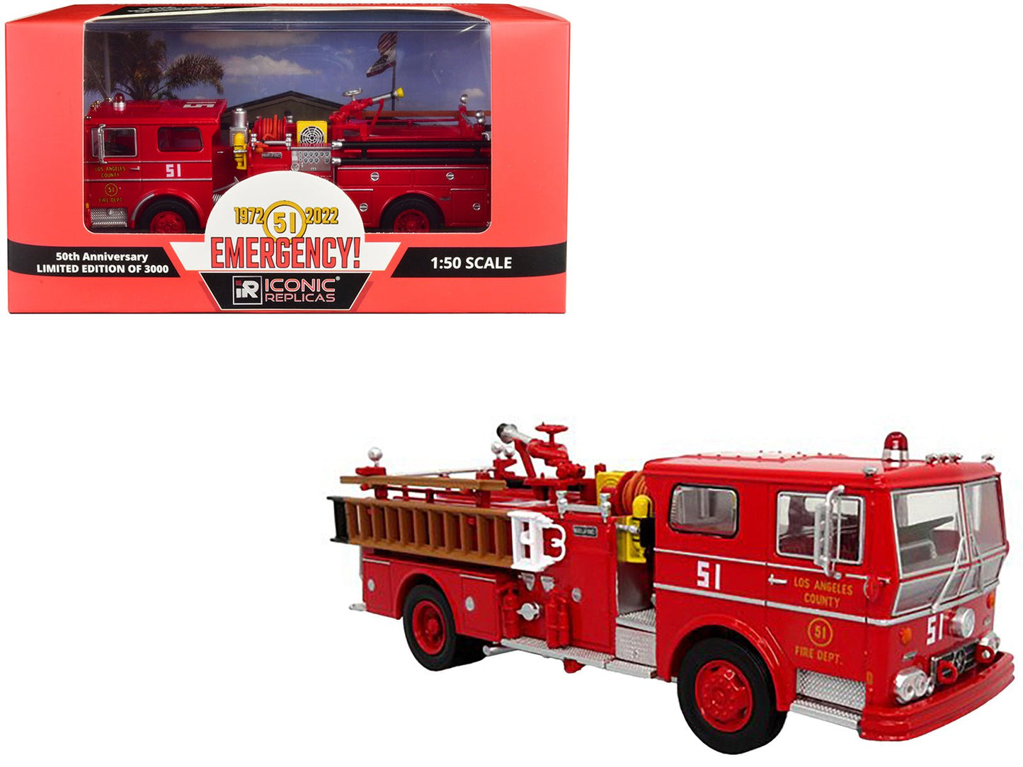 1973 Ward LaFrance Ambassador Fire Engine "Los Angeles County Fire Department" LA County FD (LACFD) "Emergency! 50th Anniversary" (1972-2022) Limited Edition to 3000 pieces Worldwide 1/50 Diecast Model by Iconic Replicas free shipping USA