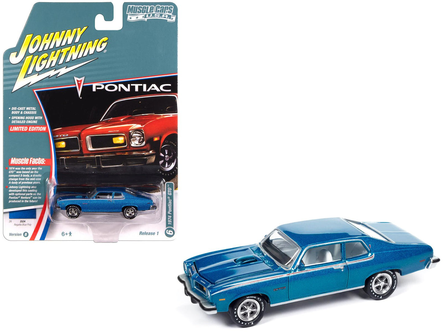1974 Pontiac GTO Regatta Blue Metallic with White Interior "Muscle Cars USA" Series 1/64 Diecast Model Car by Johnny Lightning free shipping USA