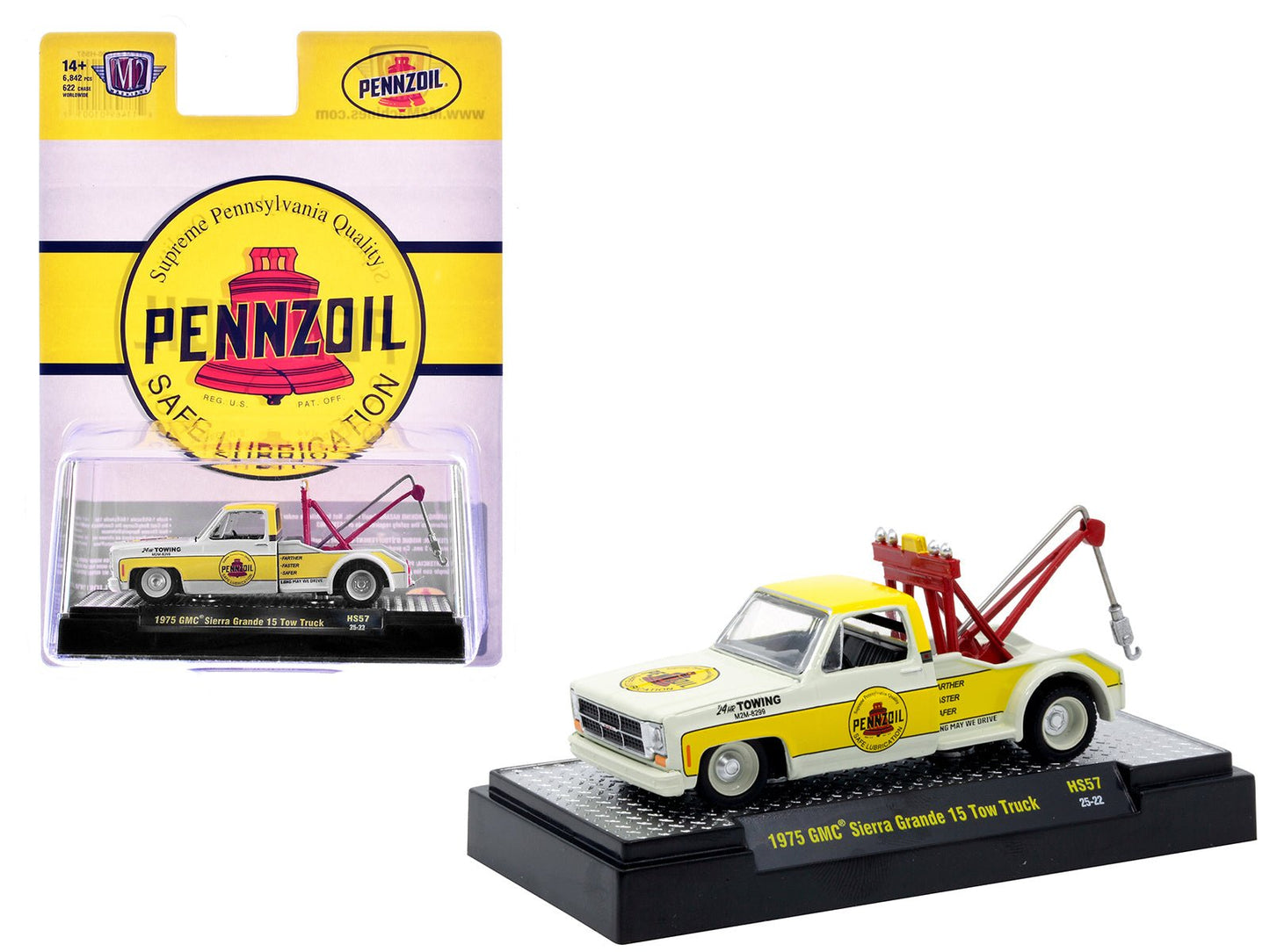 1975 GMC Sierra Grande 15 Tow Truck "Pennzoil" Off White and Yellow Limited Edition to 6842 pieces Worldwide 1/64 Diecast Model Car by M2 Machines free shipping USA