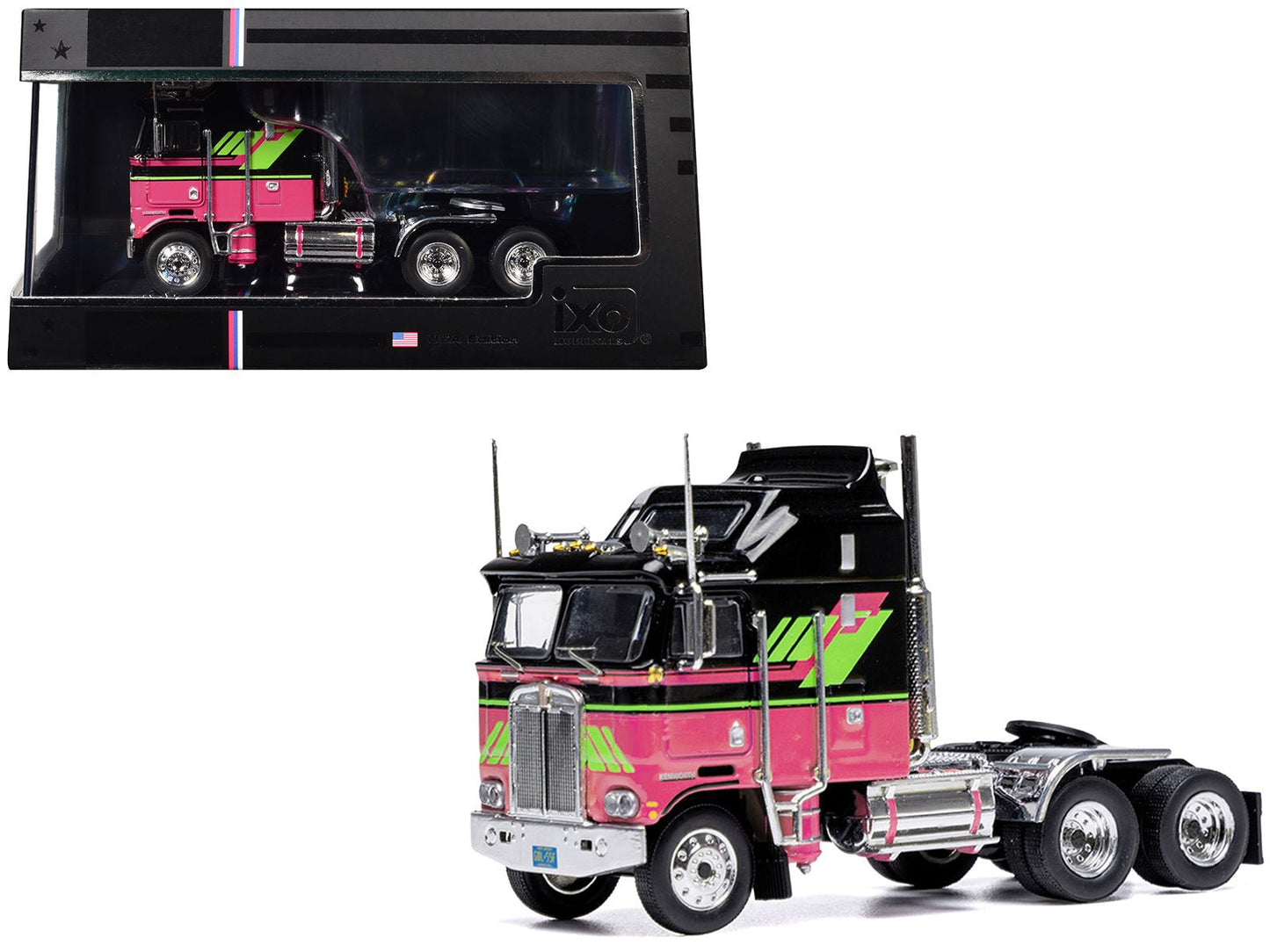 1976 Kenworth K100 Aerodyne Truck Tractor Black and Pink with Graphics 1/64 Diecast Model by IXO Models free shipping USA