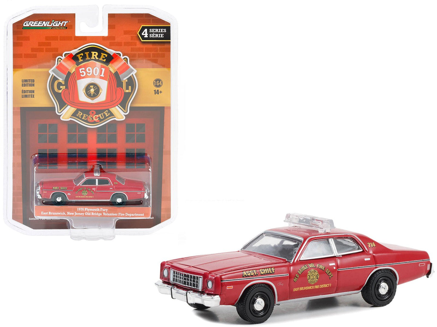 1976 Plymouth Fury Red "Old Bridge Volunteer Fire Department East Brunswick New Jersey Fire District 1 Asst. Chief" "Fire & Rescue" Series 4 1/64 Diecast Model Car by Greenlight free shipping USA