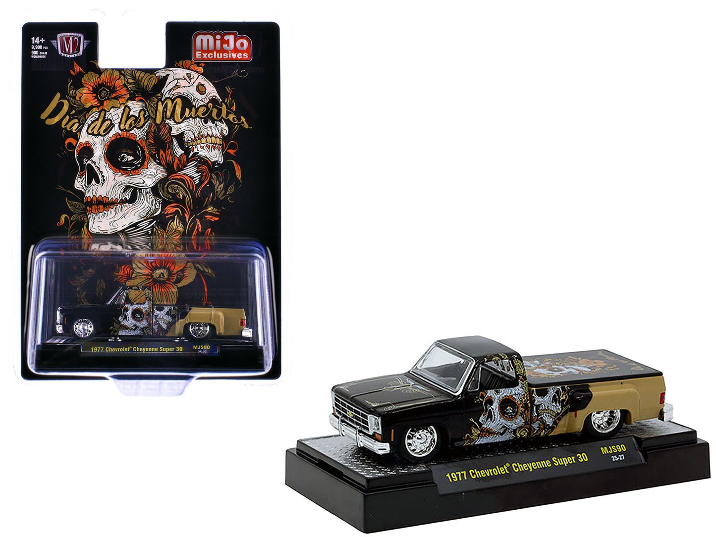 1977 Chevrolet Cheyenne Super 30 Pickup Truck "Dia De Los Muertos" Black with Graphics Limited Edition to 9900 pieces Worldwide 1/64 Diecast Model Car by M2 Machines free shipping USA
