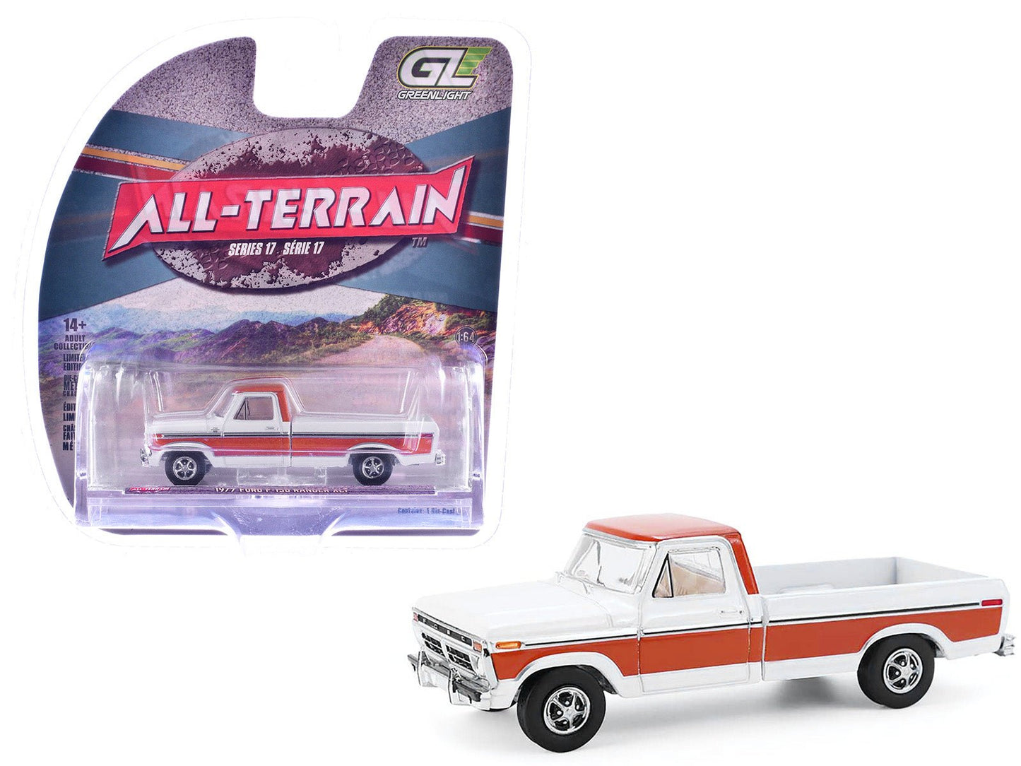 1977 Ford F-150 Ranger XLT Pickup Truck Orange and White "All Terrain" Series 17 1/64 Diecast Model Car by Greenlight free shipping USA