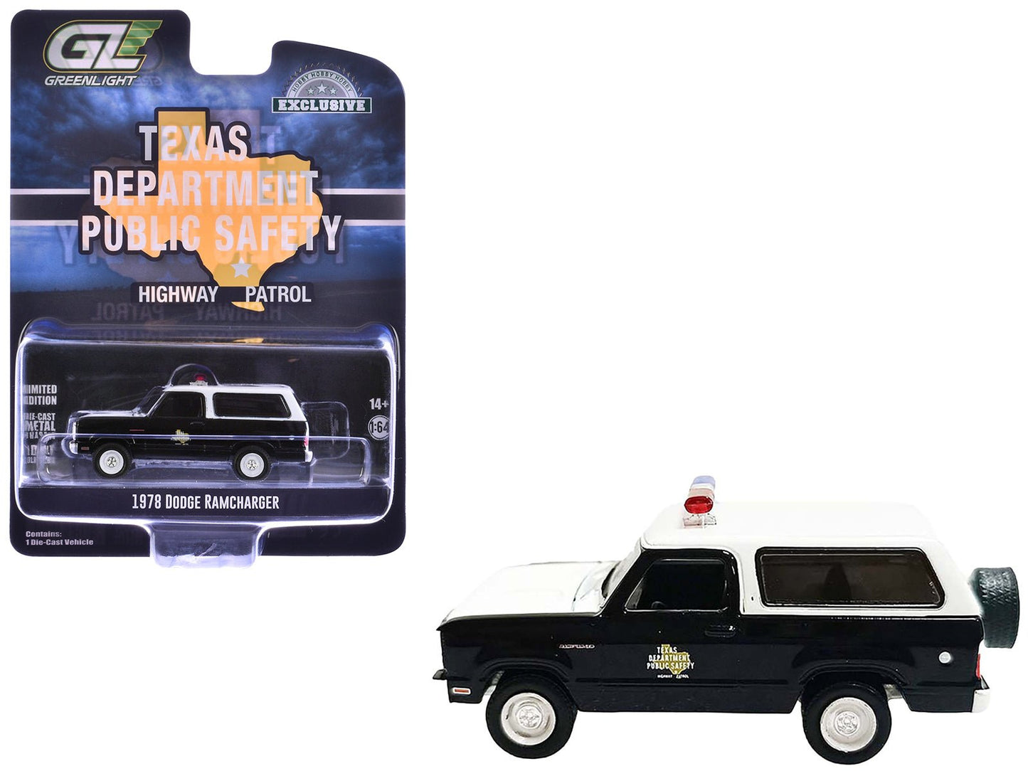1978 Dodge Ramcharger Police Vehicle "Texas Department of Public Safety Highway Patrol" Black with White Hood and Top "Hobby Exclusive" Series 1/64 Diecast Model Car by Greenlight free shipping USA