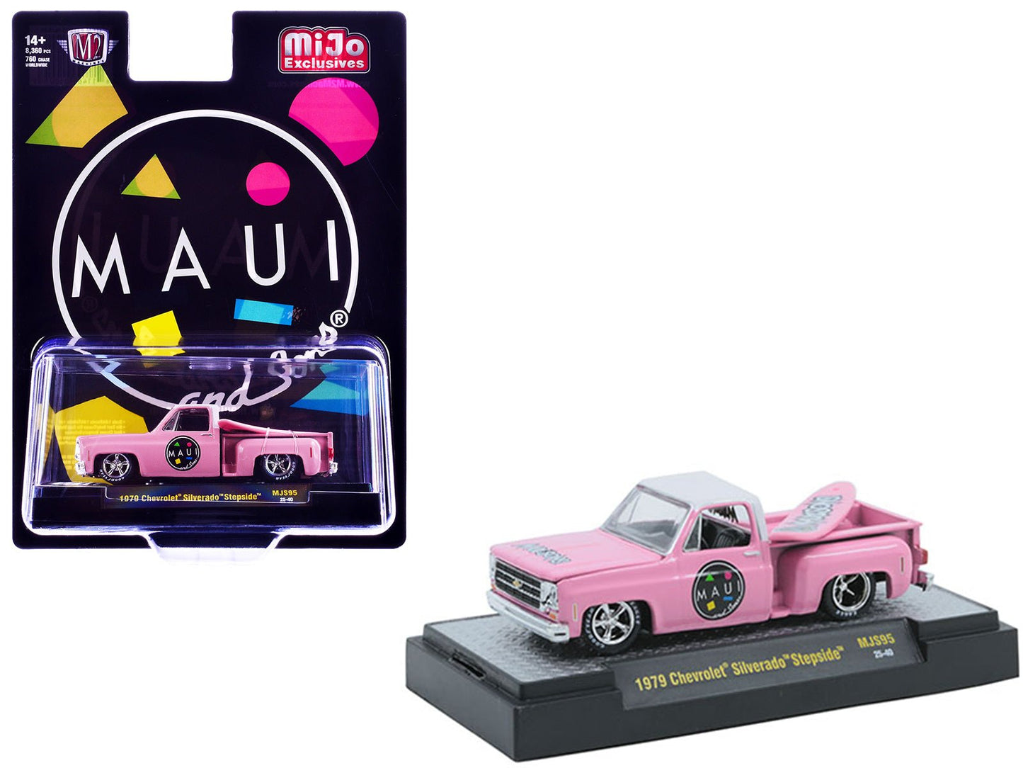 1979 Chevrolet Silverado Stepside Pickup Truck "Maui & Sons" Pink with White Top and Surfboard Limited Edition to 8360 pieces Worldwide 1/64 Diecast Model Car by M2 Machines free shipping USA