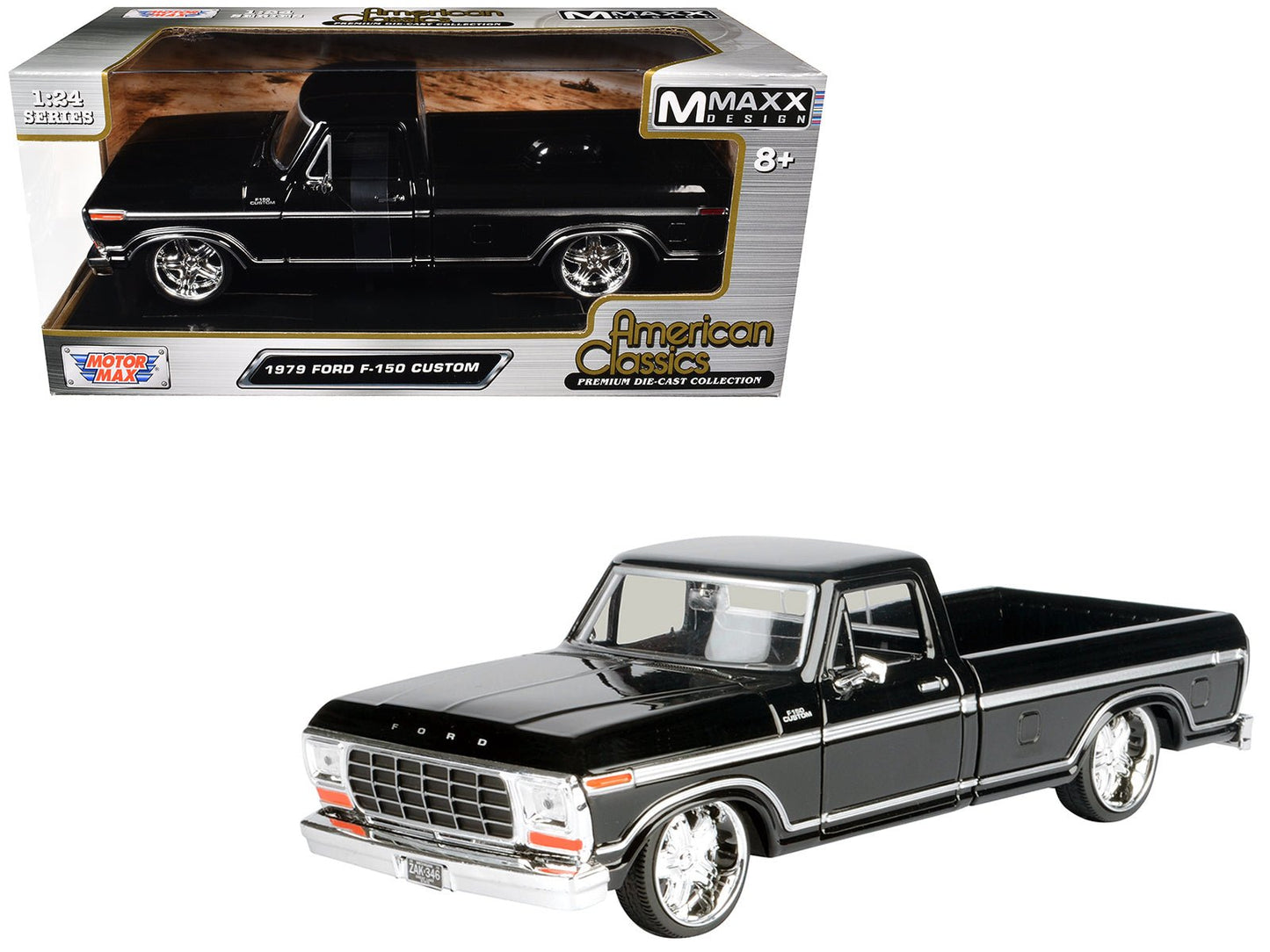 1979 Ford F-150 Custom Pickup Truck Black "Maxx Design" Series 1/24 Diecast Model Car by Motormax free shipping USA
