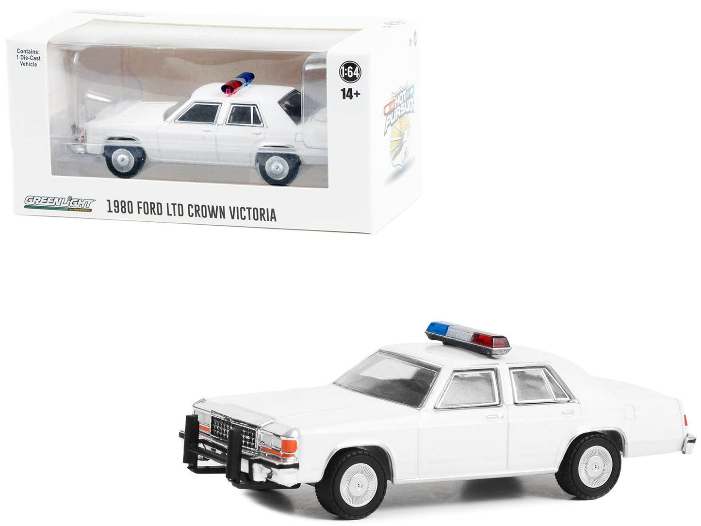 1980-1991 Ford LTD Crown Victoria Police White with Light Bar "Hot Pursuit" "Hobby Exclusive" Series 1/64 Diecast Model Car by Greenlight free shipping USA