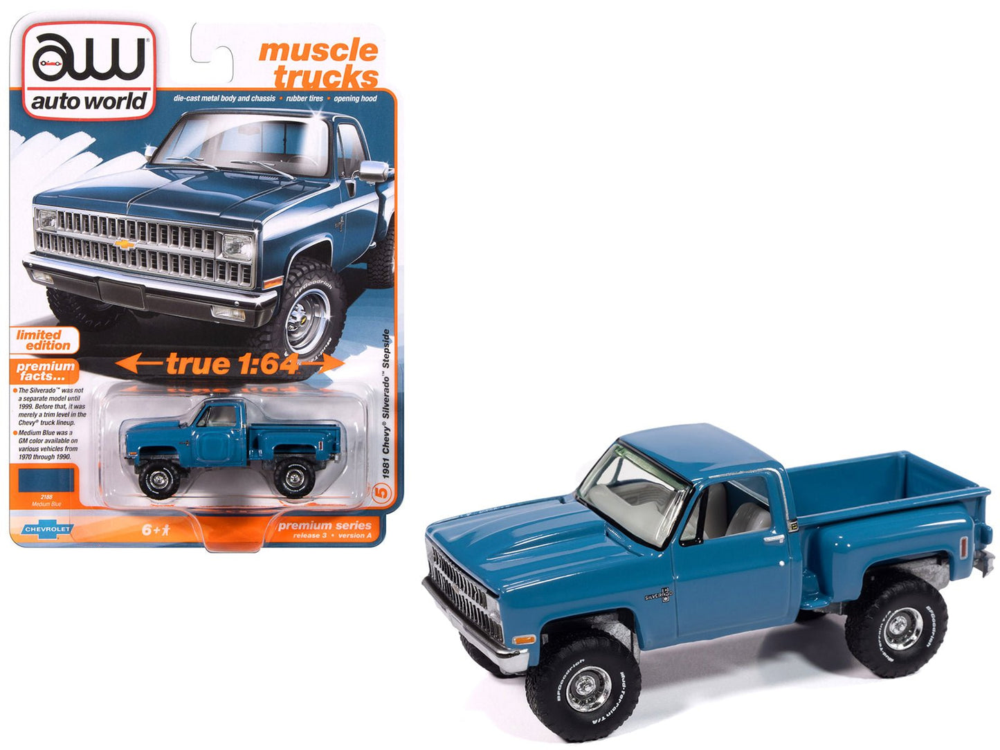 1981 Chevrolet Silverado Stepside Pickup Truck Blue "Muscle Trucks" Series 1/64 Diecast Model Car by Auto World free shipping USA