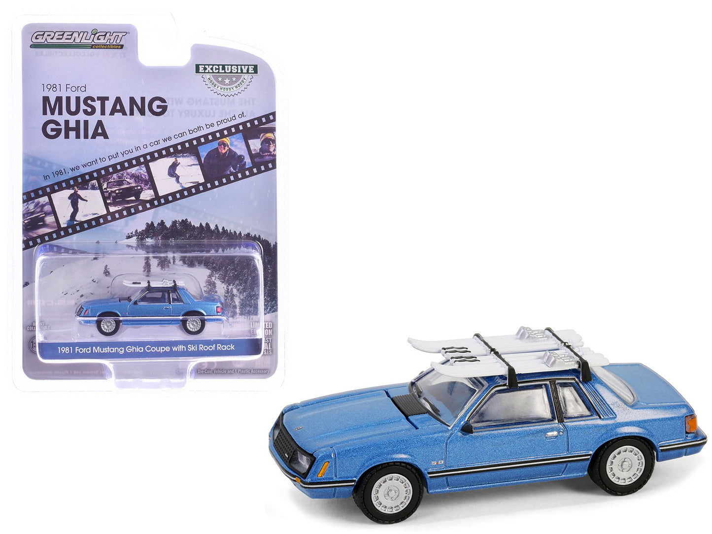 1981 Ford Mustang Ghia Coupe Blue Glow Metallic with Ski Roof Rack "Hobby Exclusive" Series 1/64 Diecast Model Car by Greenlight free shipping USA