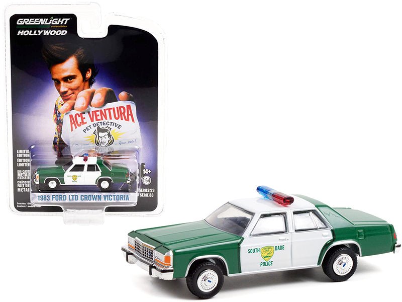 1983 Ford LTD Crown Victoria Green and White "Miami-Dade Police Department" "Ace Ventura: Pet Detective" (1994) Movie "Hollywood Series" Release 33 1/64 Diecast Model Car by Greenlight free shipping USA