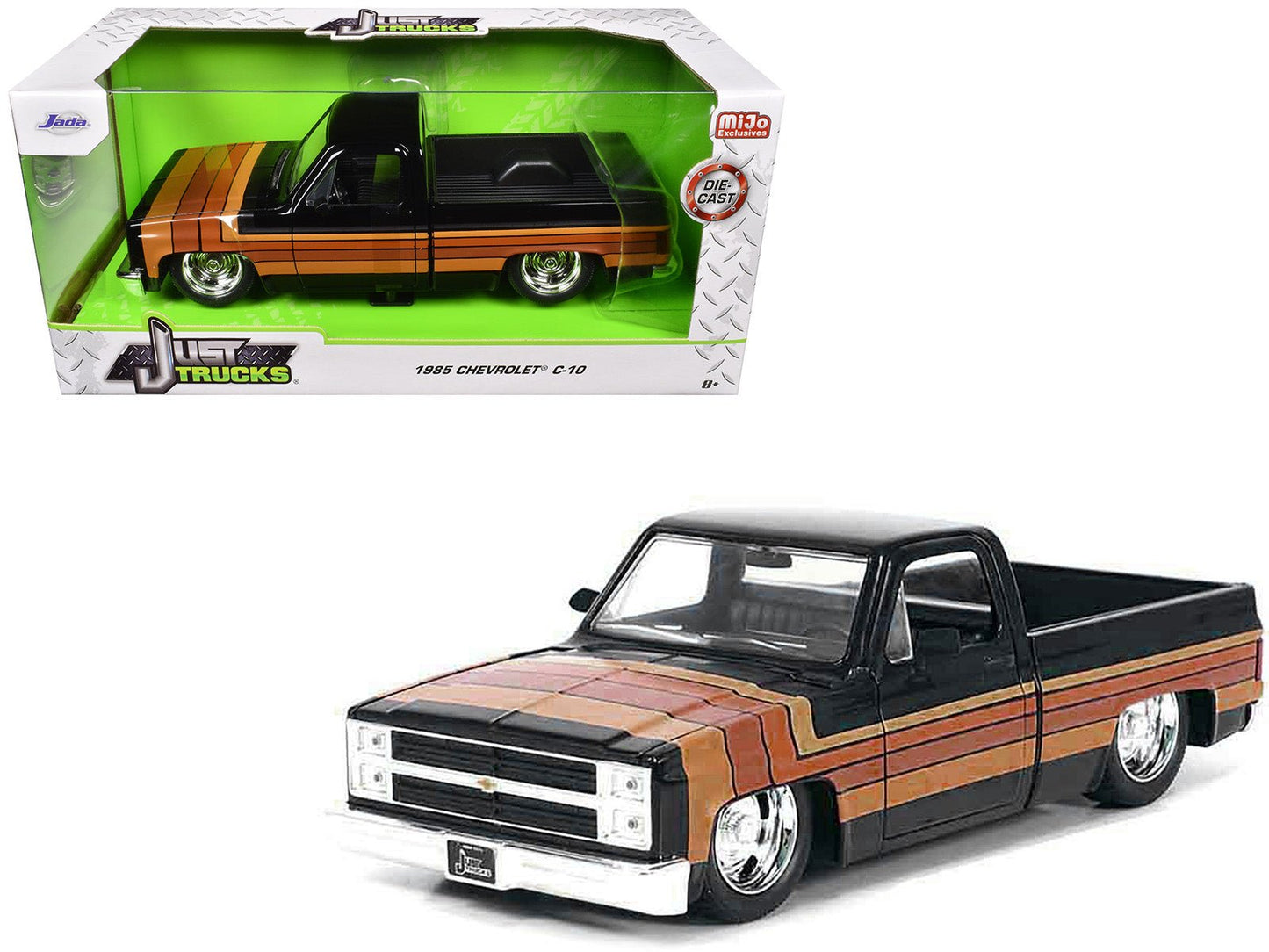 1985 Chevrolet C-10 Pickup Truck Black with Stripes and GM Rally Wheels "Just Trucks" Series 1/24 Diecast Model Car by Jada free shipping USA