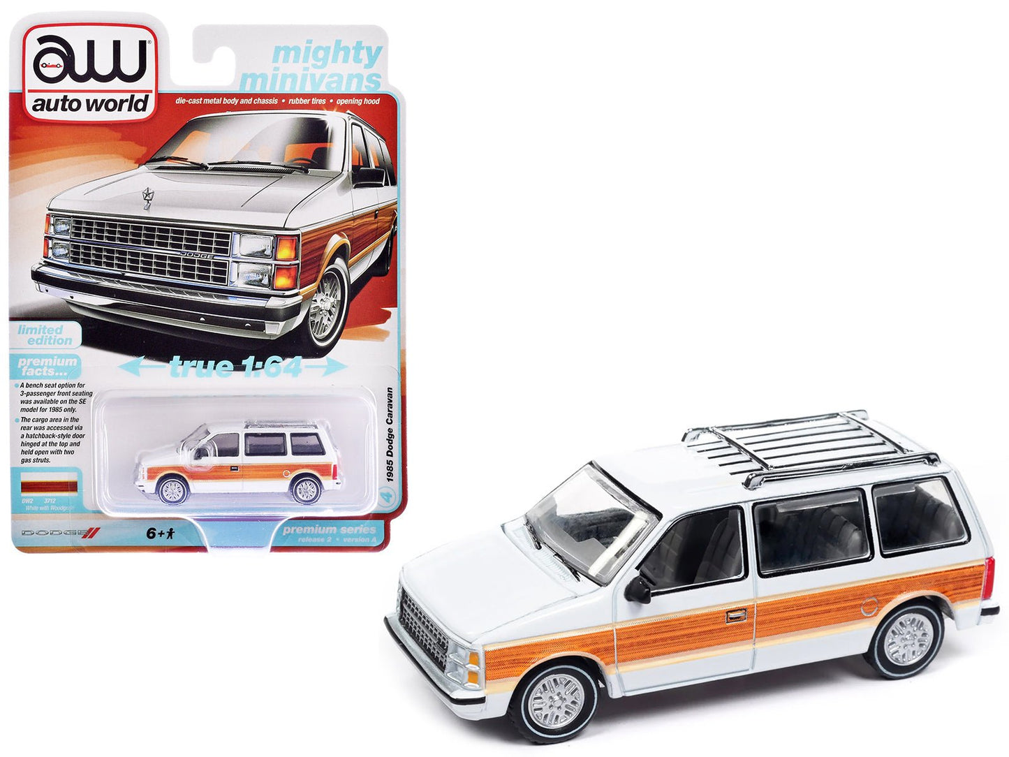 1985 Dodge Caravan Van White with Woodgrain Side Panels "Mighty Minivans" Series 1/64 Diecast Model Car by Auto World free shipping USA