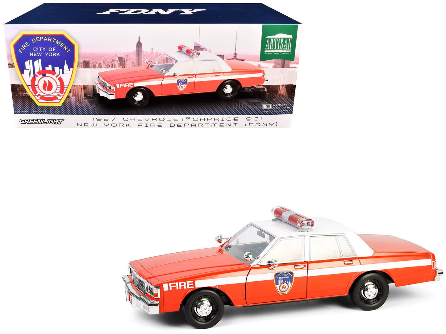 1987 Chevrolet Caprice 9C1 "FDNY (The Official Fire Department City of New York)" Red with White Top and Stripes "Artisan Collection" 1/18 Diecast Model Car by Greenlight free shipping USA