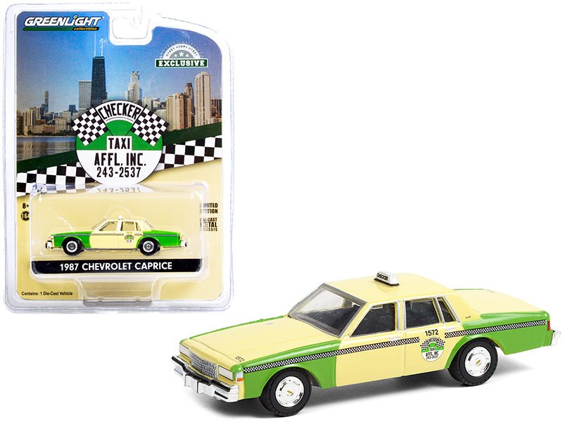 1987 Chevrolet Caprice Yellow and Green "Chicago Checker Taxi Affl Inc." "Hobby Exclusive" 1/64 Diecast Model Car by Greenlight free shipping USA