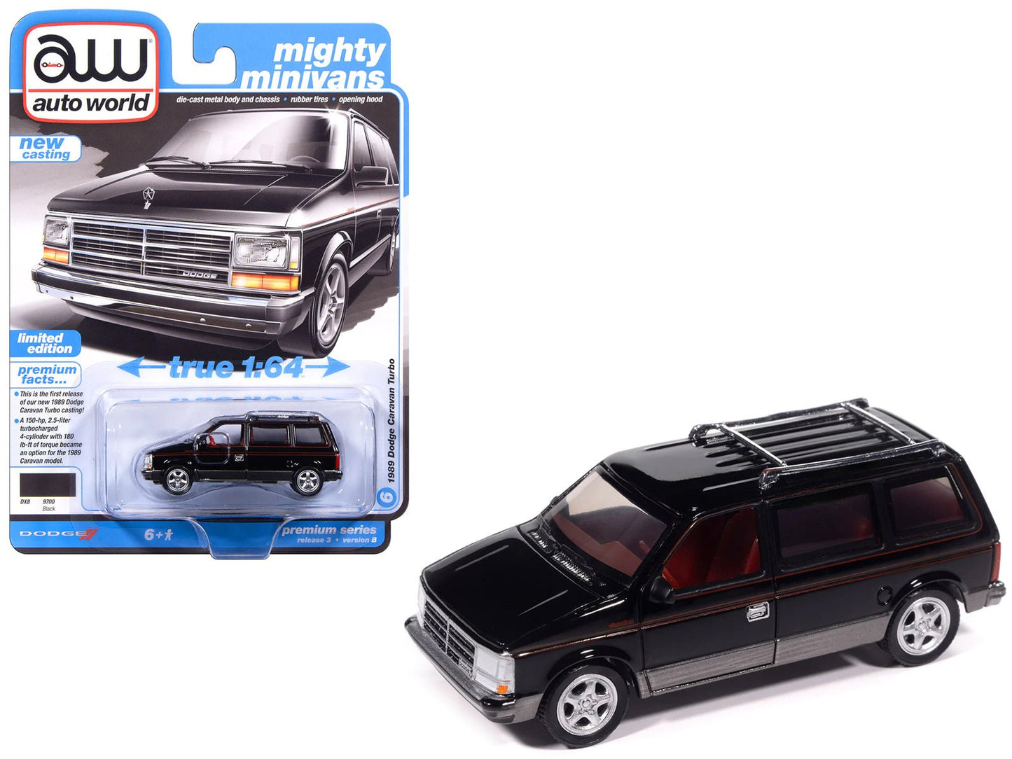 1989 Dodge Caravan Turbo Van Black with Red Stripes and Interior "Mighty Minivans" Series 1/64 Diecast Model Car by Auto World free shipping USA