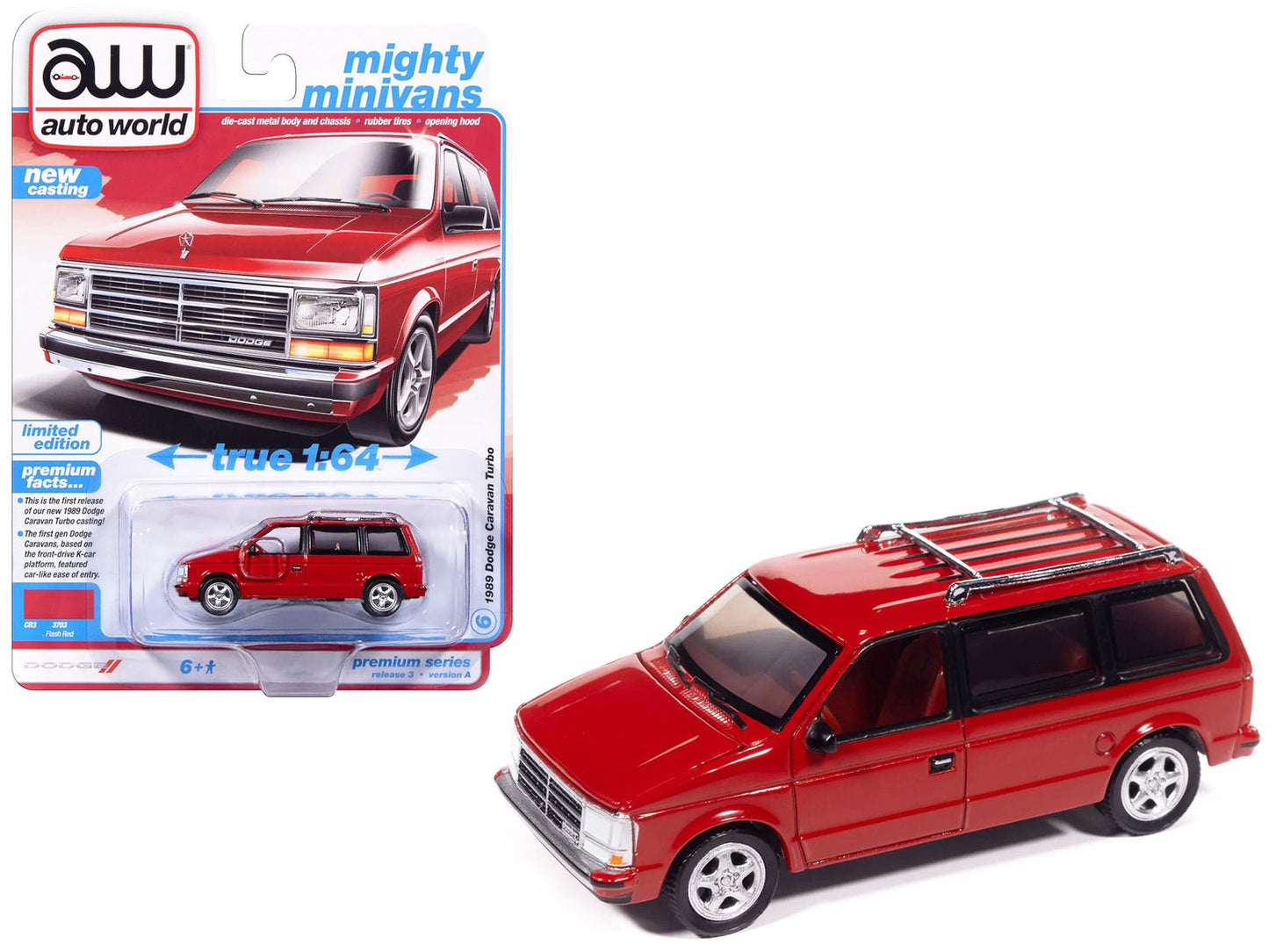 1989 Dodge Caravan Turbo Van Flash Red "Mighty Minivans" Series 1/64 Diecast Model Car by Auto World free shipping USA