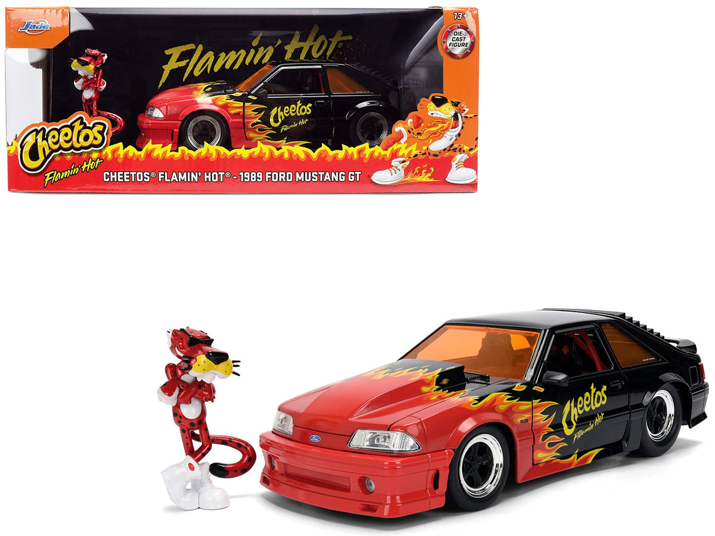 1989 Ford Mustang GT Black with Red Flame Graphics and Chester Cheetah Diecast Figure "Cheetos Flamin' Hot" "Hollywood Rides" Series 1/24 Diecast Model Car by Jada free shipping USA