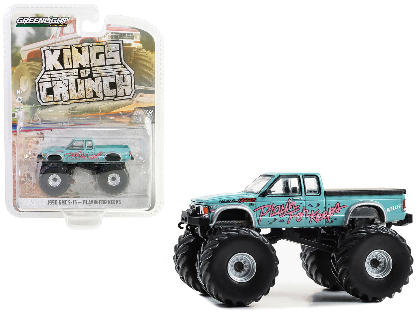 1990 GMC S-15 Monster Truck Light Blue "Playin' for Keeps" "Kings of Crunch" Series 14 1/64 Diecast Model Car by Greenlight free shipping USA