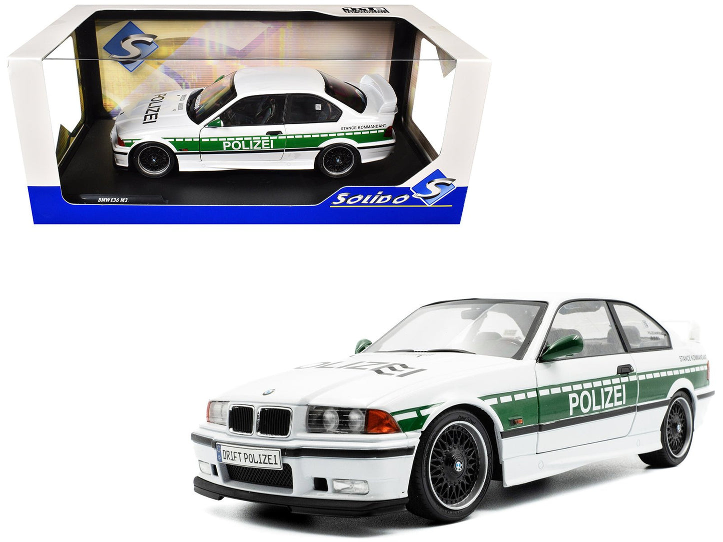 1991 BMW E36 M3 Custom "Drift Polizei" White with Green Stripes 1/18 Diecast Model Car by Solido free shipping USA