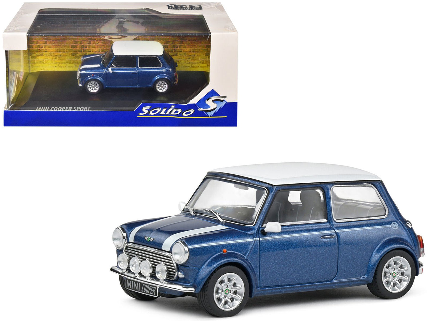 1994 Mini Cooper Sport Tahiti Blue Metallic with White Top and Stripes 1/43 Diecast Model Car by Solido free shipping USA