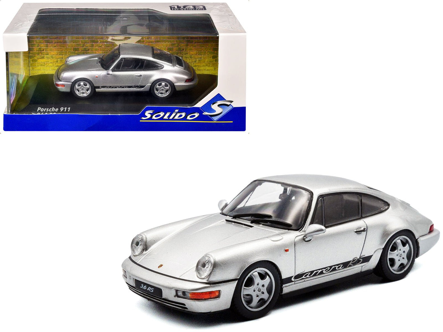 1994 Porsche 911 (964) RS Silver Metallic with Black Stripes 1/43 Diecast Model Car by Solido free shipping USA