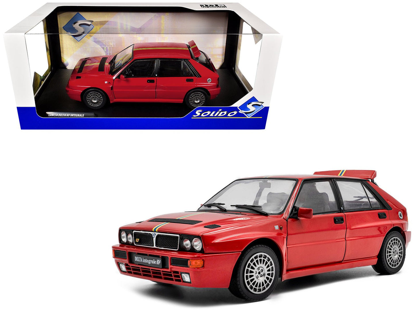 1995 Lancia Delta HF Integrale Edizione Finale Red with Stripes 1/18 Diecast Model Car by Solido free shipping USA