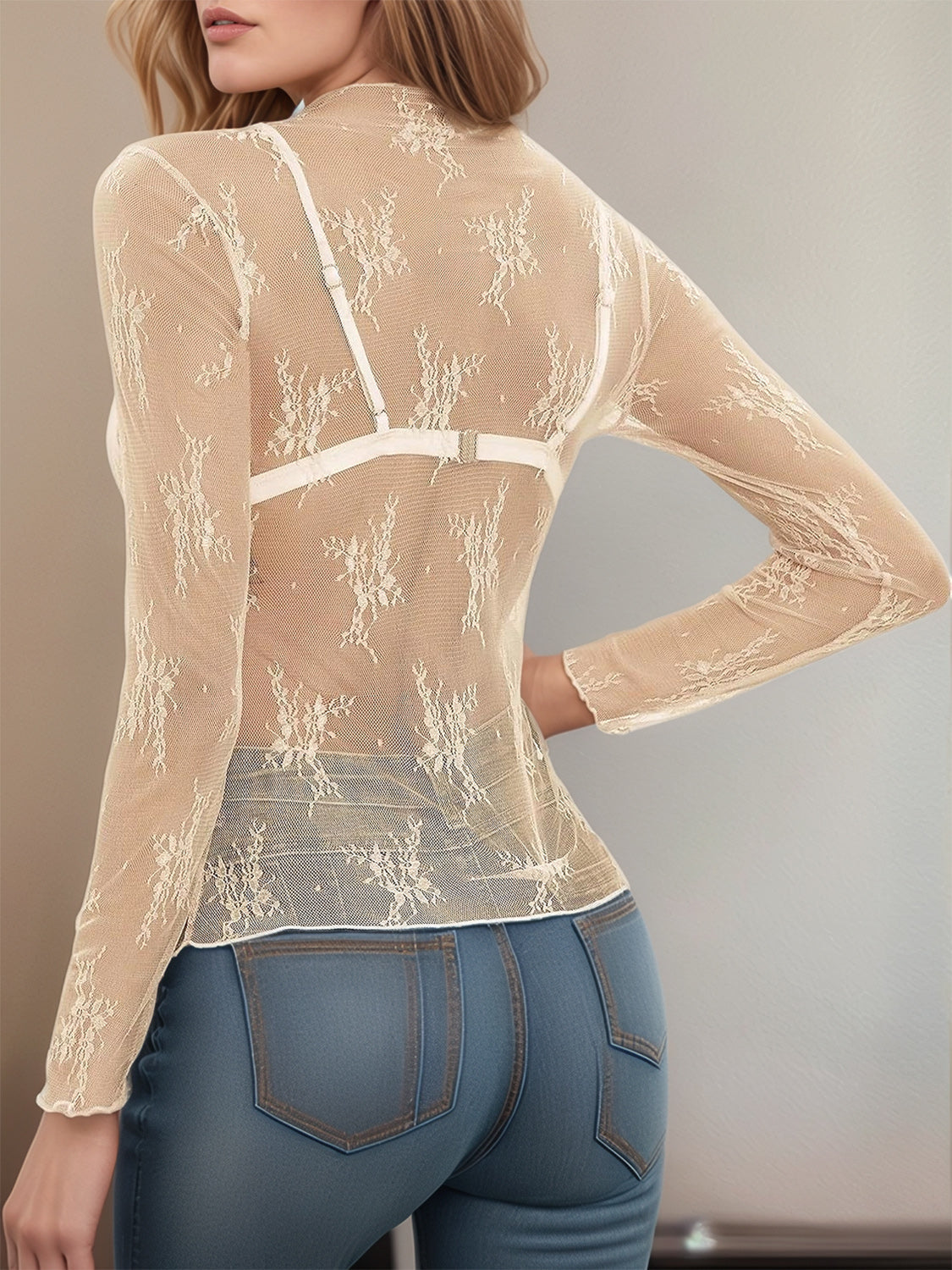 Floral Mock Neck Long Sleeve Mesh Top