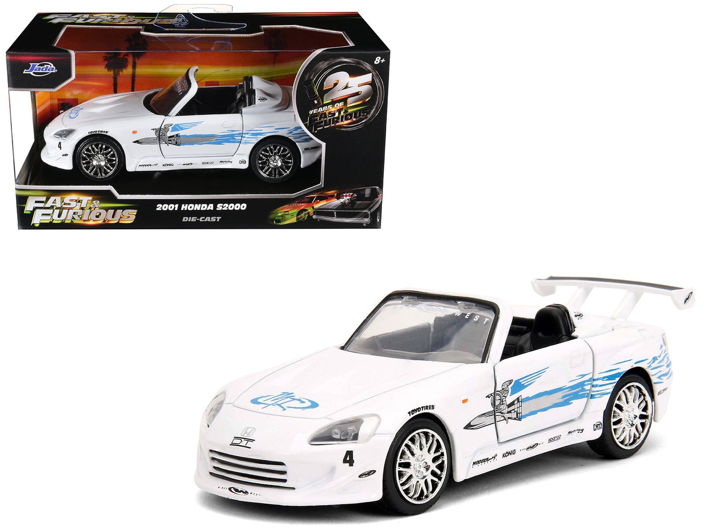 2001 Honda S2000 Convertible White with Graphics "Fast & Furious Remix - 25th Anniversary" Series 1/32 Diecast Model Car by Jada free shipping USA