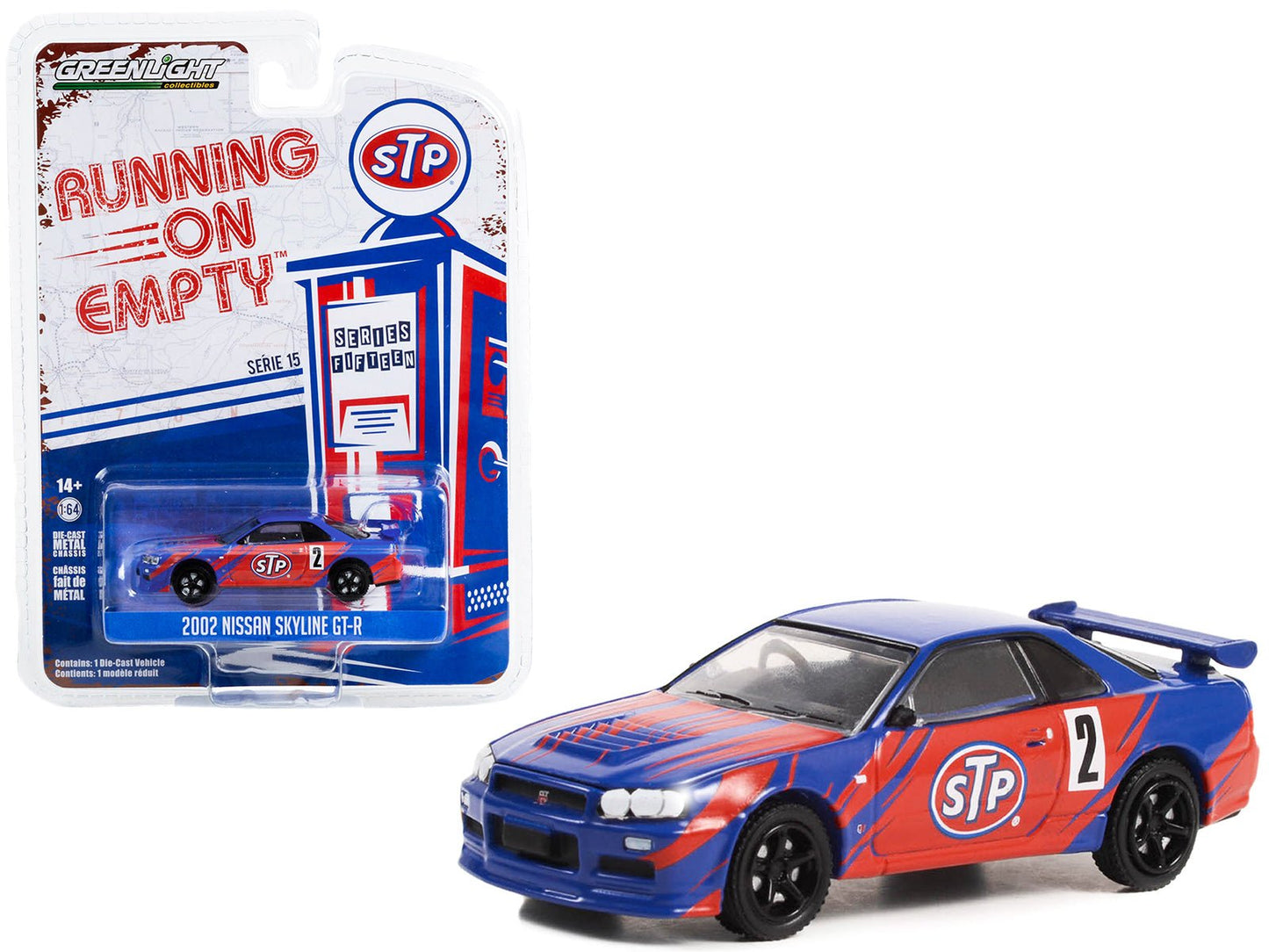 2002 Nissan Skyline GT-R (R34) #2 Blue with Red Graphics "STP" "Running on Empty" Series 15 1/64 Diecast Model Car by Greenlight free shipping USA
