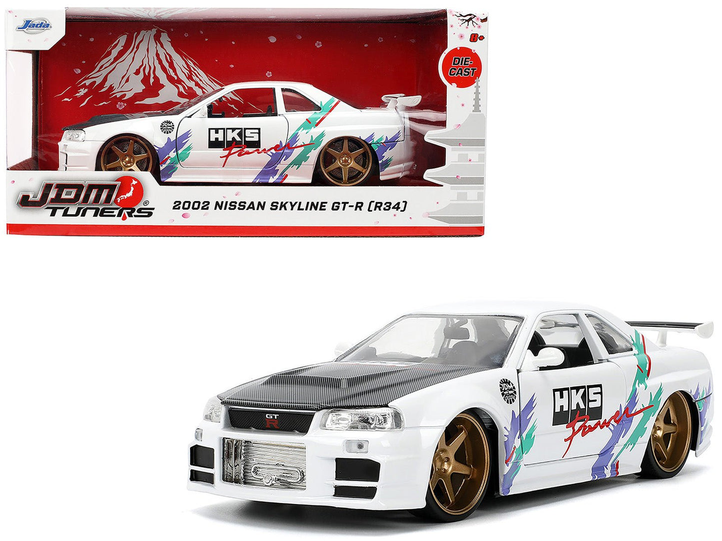 2002 Nissan Skyline GT-R (R34) RHD (Right Hand Drive) "HKS Power" White with Carbon Hood and Graphics "JDM Tuners" Series 1/24 Diecast Model Car by Jada free shipping USA