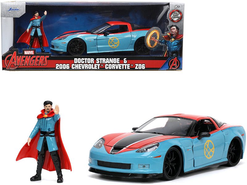2006 Chevrolet Corvette Z06 Red and Blue with Doctor Strange Diecast Figurine "Avengers" "Marvel" Series "Hollywood Rides" 1/24 Diecast Model Car by Jada free shipping USA